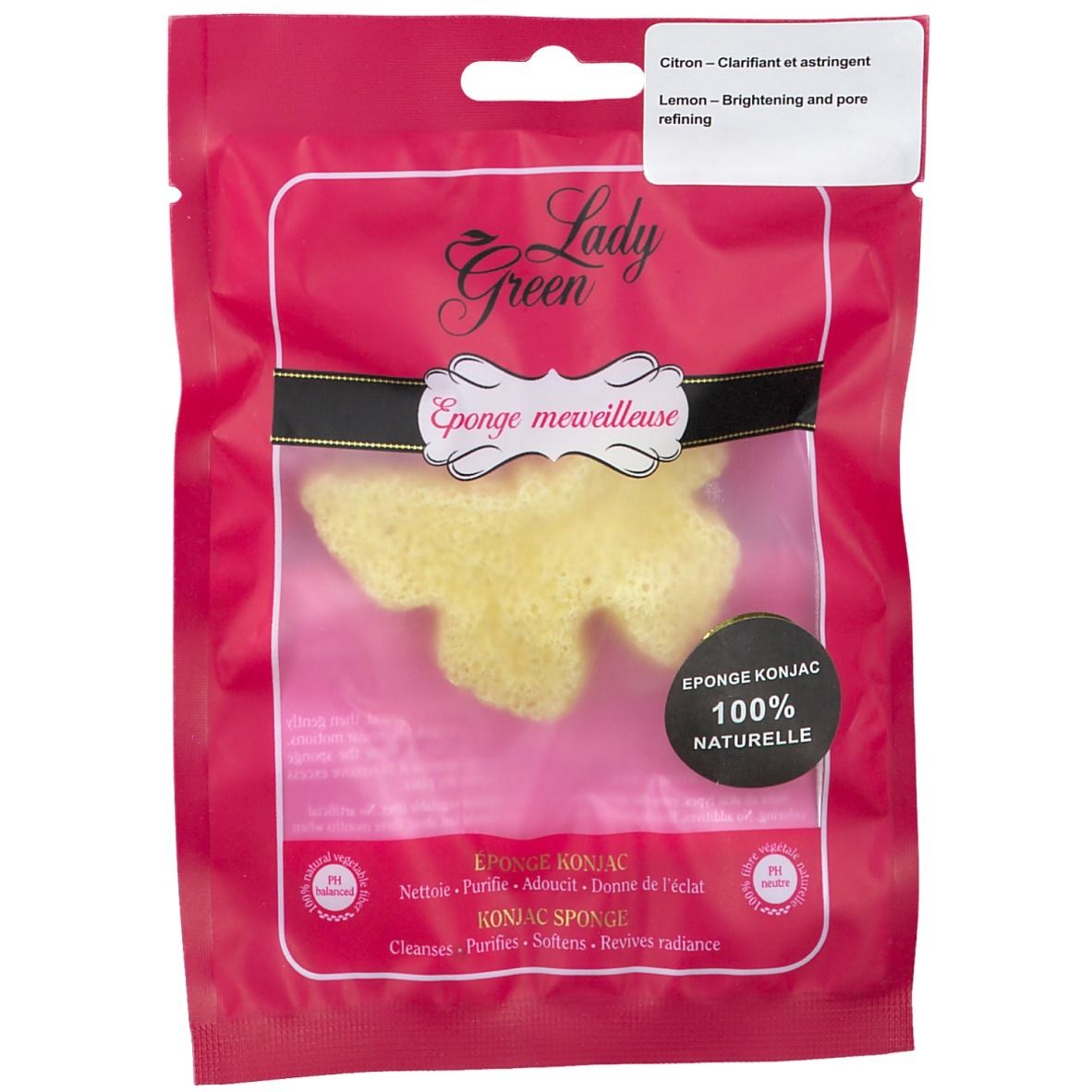 Gele Konjac spons in rode verpakking. Opschriften: Lady Green, Eponge merveilleuse, 100% naturelle.