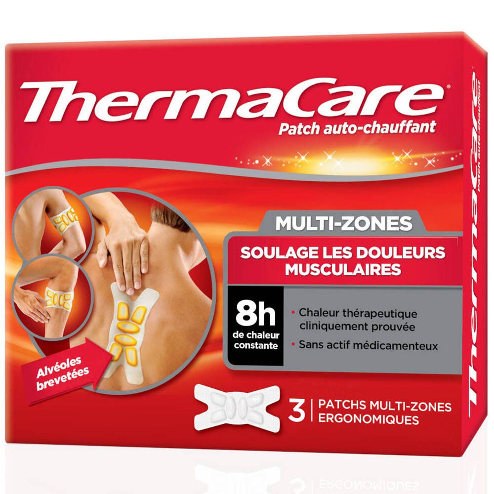 Boîte rouge ThermaCare® Multi-Zones. Images du produit et du nom. 3 patchs ergonomiques.