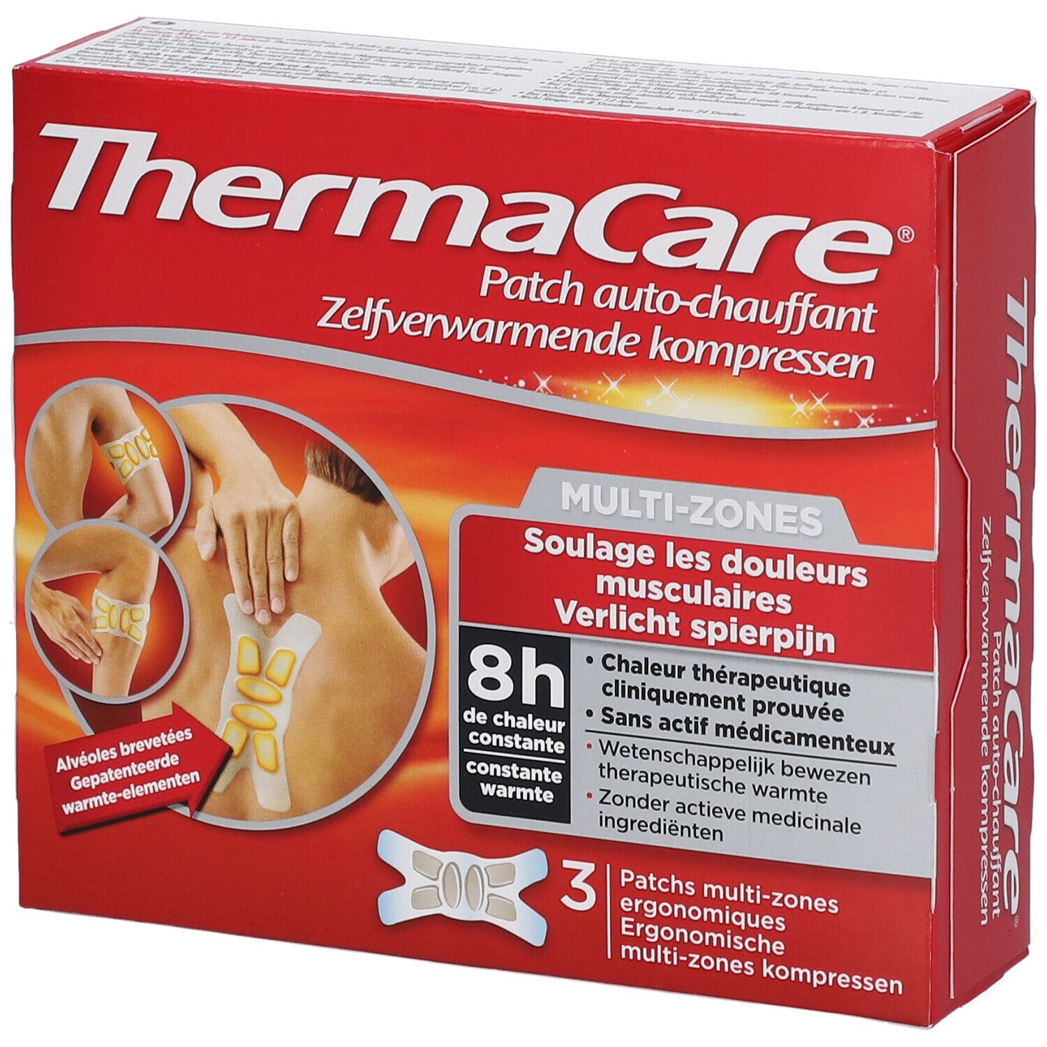 Boîte rouge ThermaCare® Multi-Zones. Images du produit et du nom. 3 patchs ergonomiques.