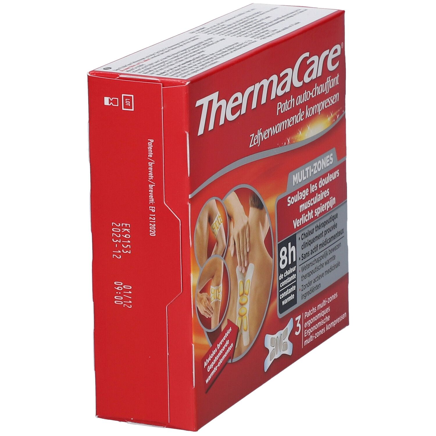 Boîte rouge ThermaCare® Multi-Zones. Images du produit et du nom. 3 patchs ergonomiques.