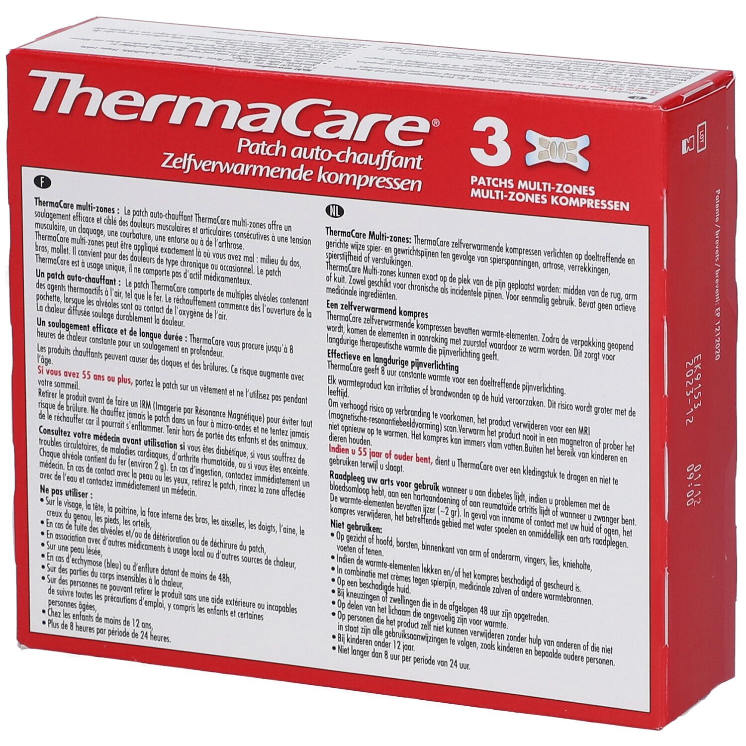 Boîte rouge ThermaCare® Multi-Zones. Images du produit et du nom. 3 patchs ergonomiques.