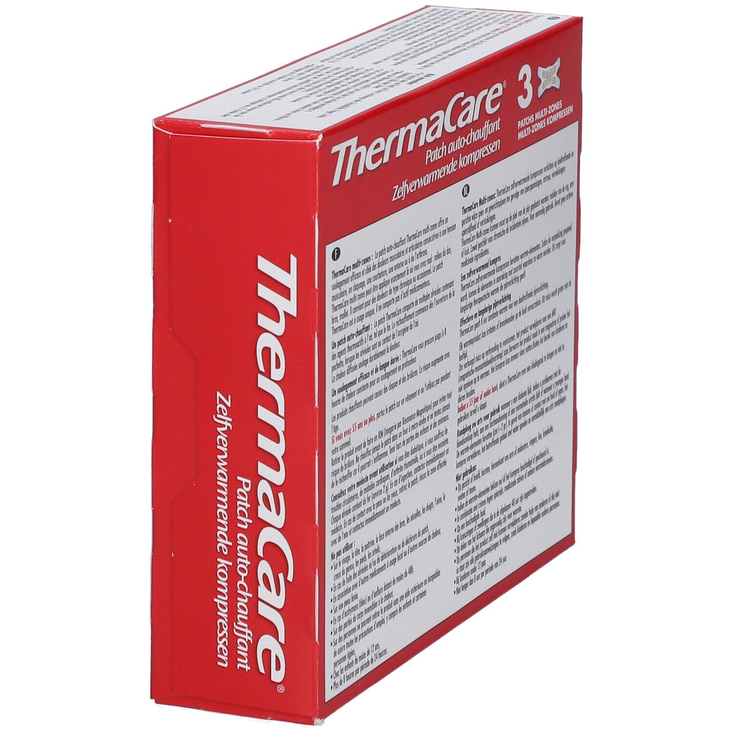Boîte rouge ThermaCare® Multi-Zones. Images du produit et du nom. 3 patchs ergonomiques.