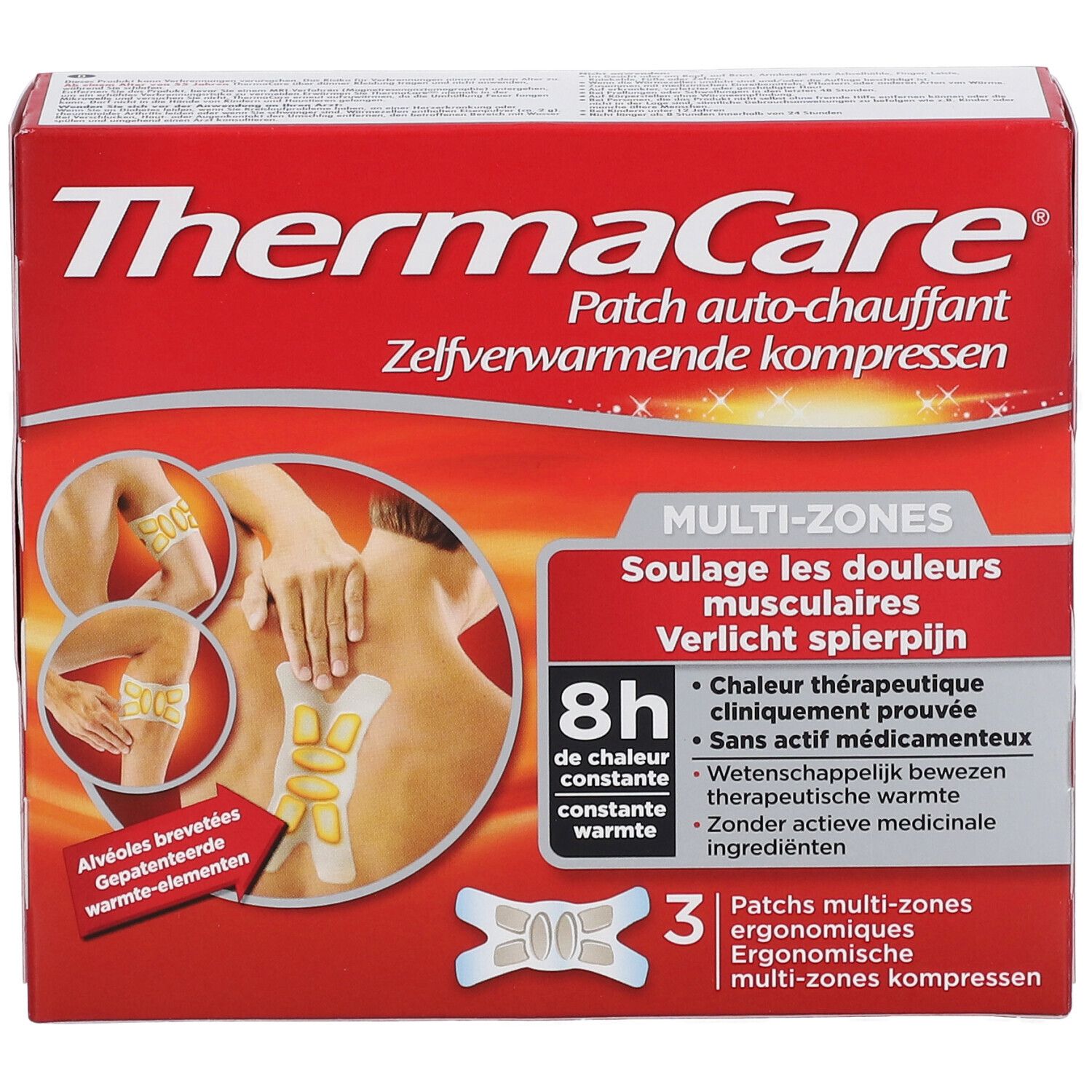Boîte rouge ThermaCare® Multi-Zones. Images du produit et du nom. 3 patchs ergonomiques.