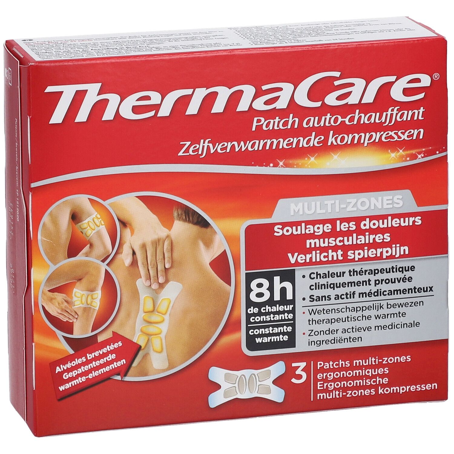 Boîte rouge ThermaCare® Multi-Zones. Images du produit et du nom. 3 patchs ergonomiques.