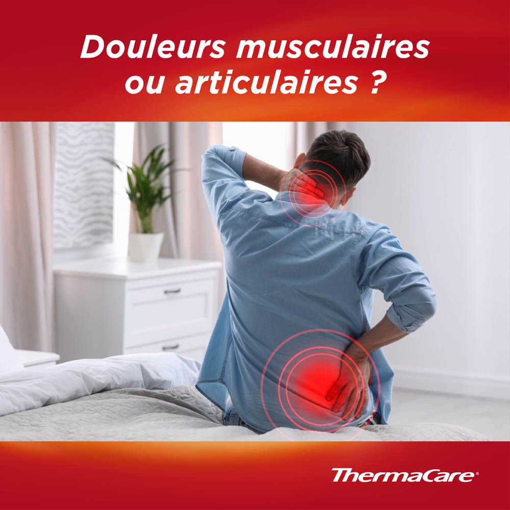 Homme assis sur un lit, se tenant le cou et le dos. Marques rouges indiquant les zones douloureuses. Logo ThermaCare®.