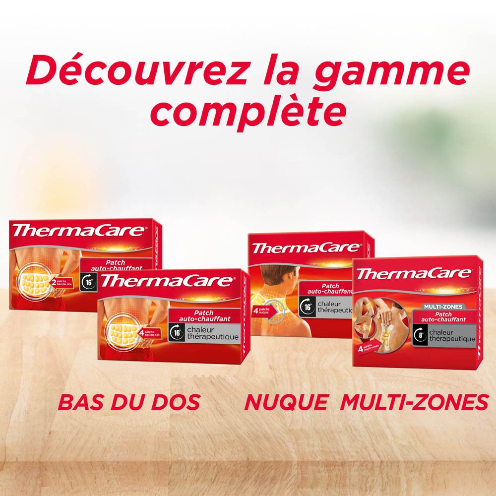 Différents produits ThermaCare®. 4 boîtes, dont nuque, dos et multi-zones. Logo ThermaCare®.