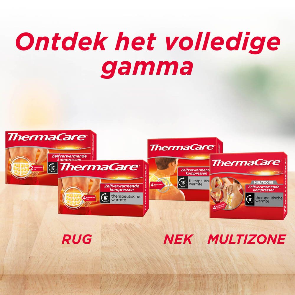 Verschillende ThermaCare® producten. 4 verpakkingen, waaronder nek, rug en multi-zones. ThermaCare® logo.