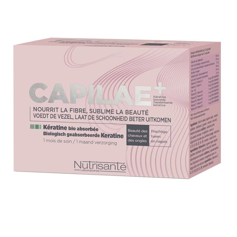 Boîte rose avec CAPILAE+ et informations produit. Contient Kératine bio absorbée et logo Nutrisante.