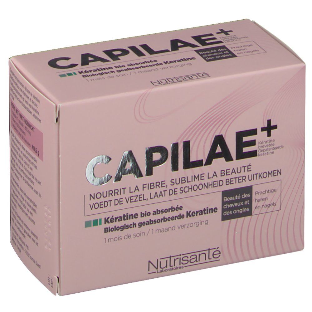 Boîte rose avec CAPILAE+ et informations produit. Contient Kératine bio absorbée et logo Nutrisante.
