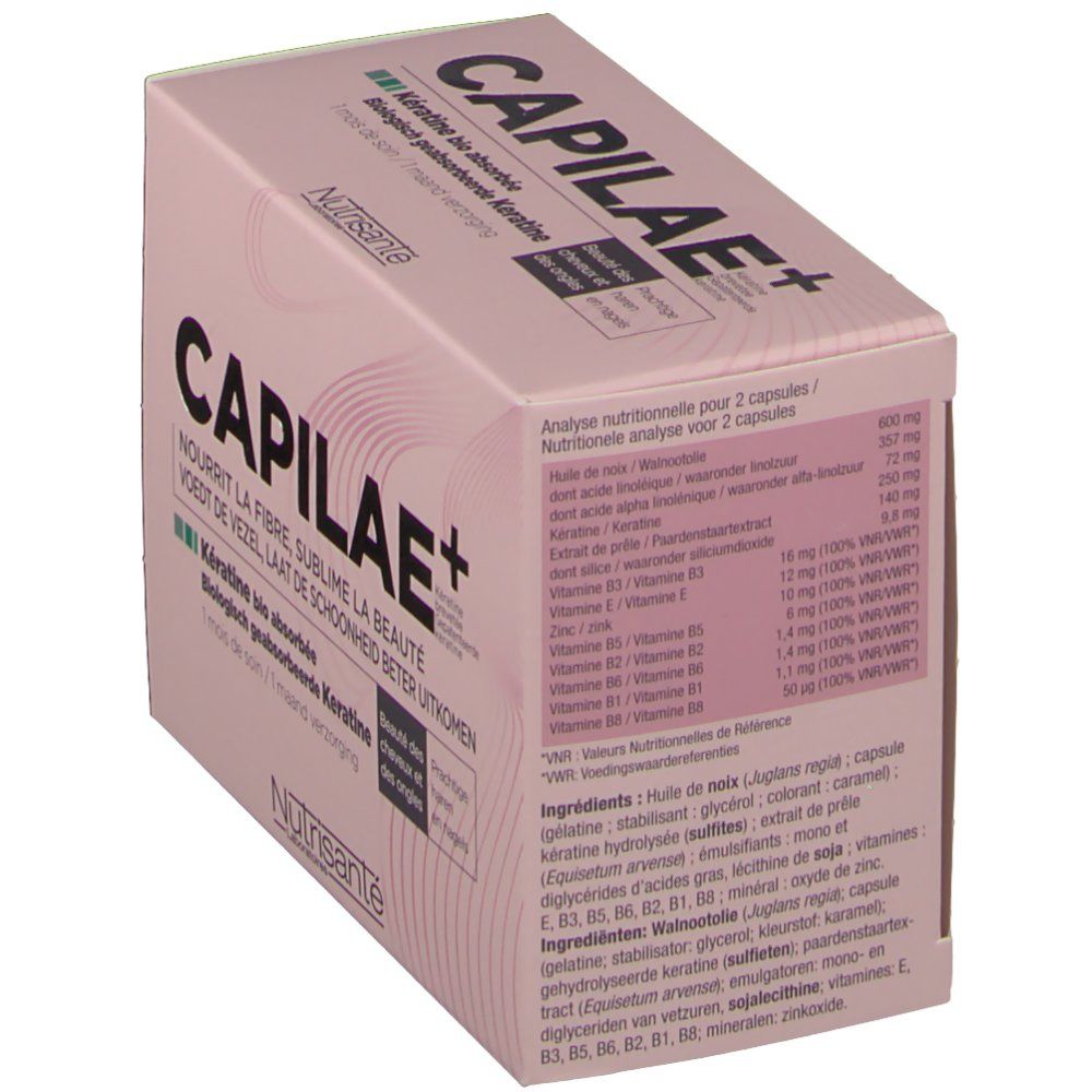 Boîte rose avec CAPILAE+ et informations produit. Contient analyse nutritionnelle et liste des ingrédients.