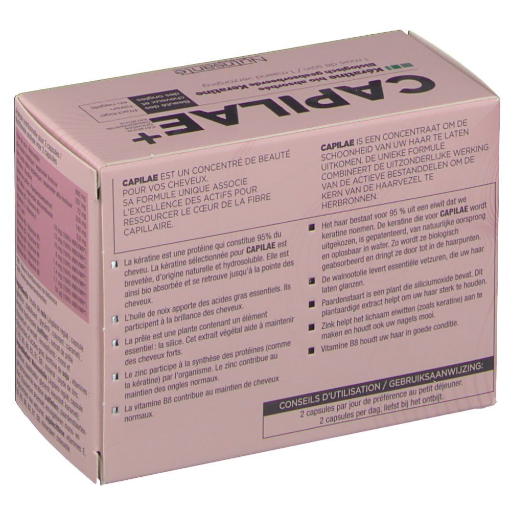 Boîte rose avec CAPILAE+ et informations produit. Contient texte sur la composition et l'utilisation.