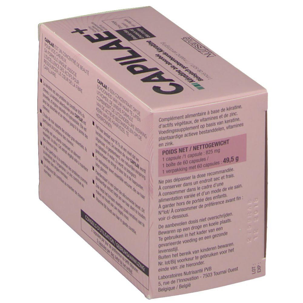 Boîte rose avec CAPILAE+ et informations produit. Contient poids net et conseils d'utilisation.