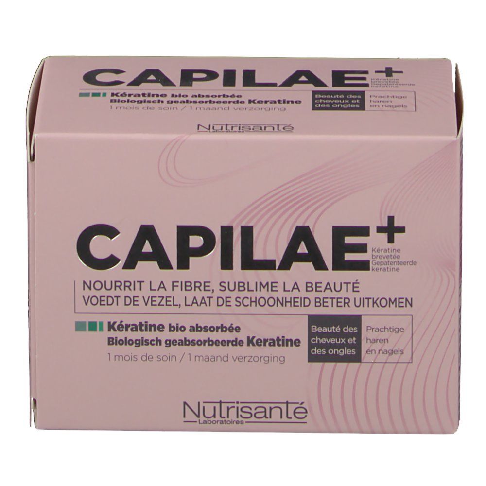 Boîte rose avec CAPILAE+ et informations produit. Contient Kératine bio absorbée et logo Nutrisante.