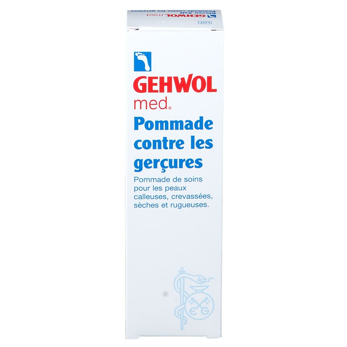 Productverpakking. Witte doos met productnaam, logo en toepassingsgebied in het Frans.