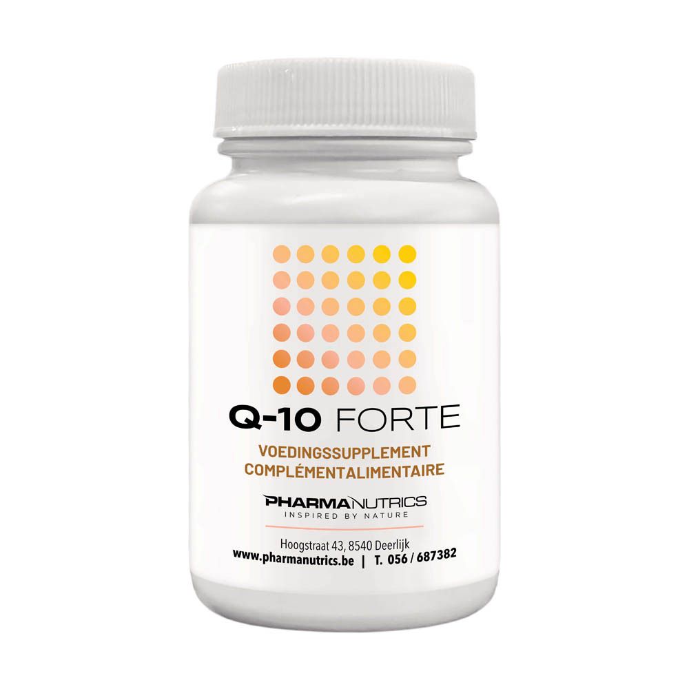 Flacon blanc avec capsules. Inscription : Q-10 FORTE, complément alimentaire. Fabricant : PharmaNutrics.