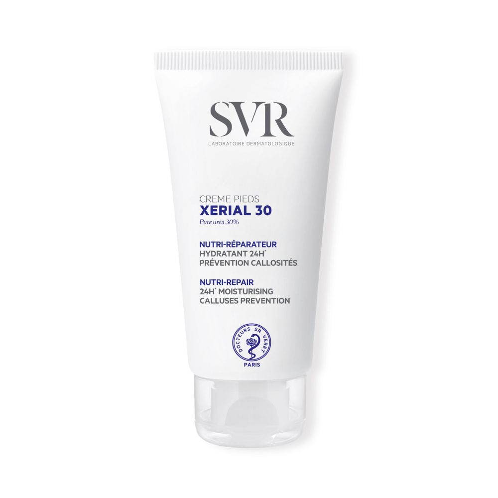 Tube blanc SVR XERIAL 30. Inscription : Creme Pieds, XERIAL 30, Pure Urea 30%. Logo : Docteurs en Dermatologie.