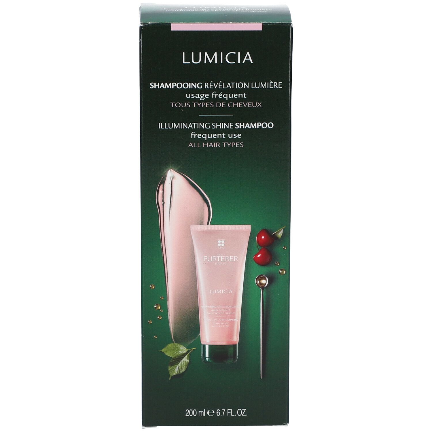 Boîte verte avec image du produit. Inscription: LUMICIA, Illuminating Shine Shampoo, tous types de cheveux. 200 ml. Image: Tube.