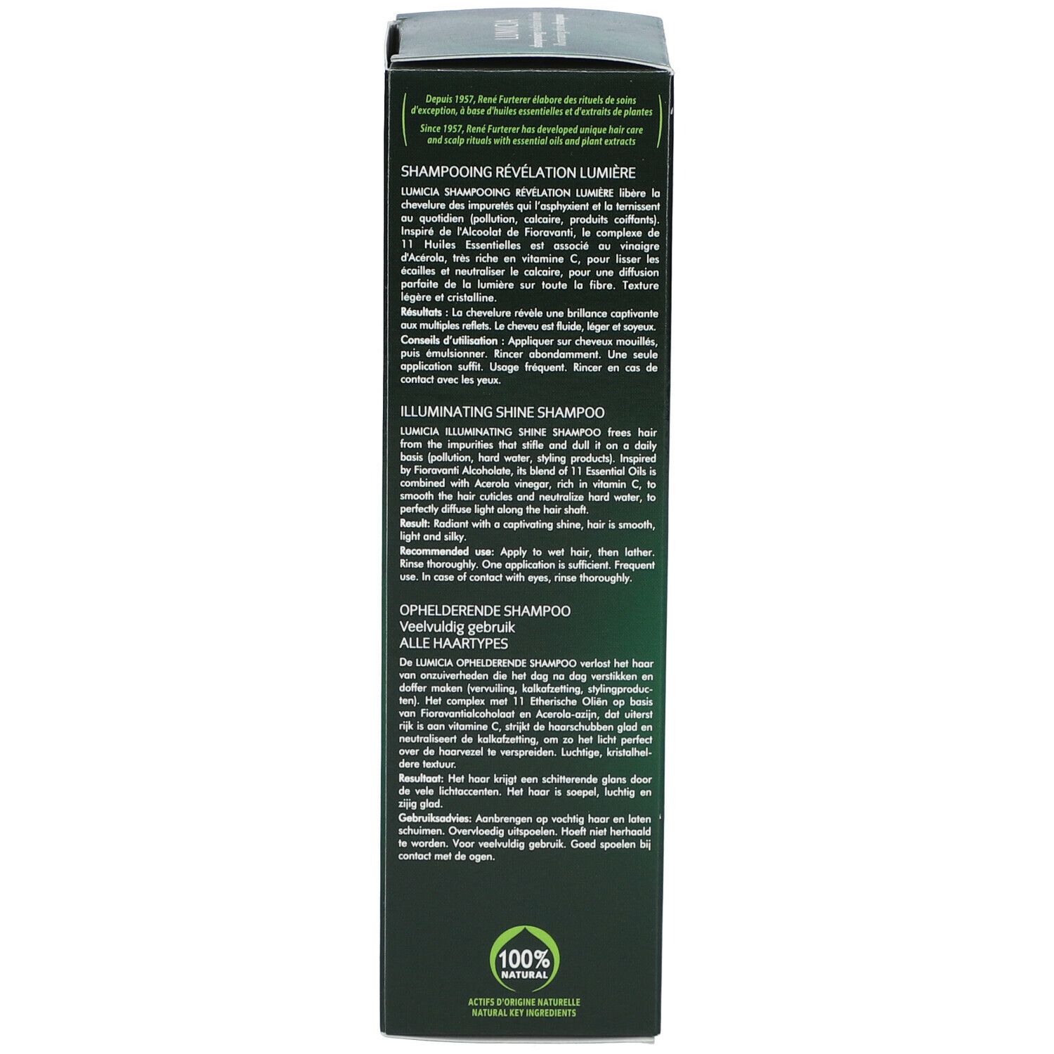 Boîte verte, texte. Inscription: LUMICIA, Illuminating Shine Shampoo. Texte en plusieurs langues. Logo: 100% Natural.