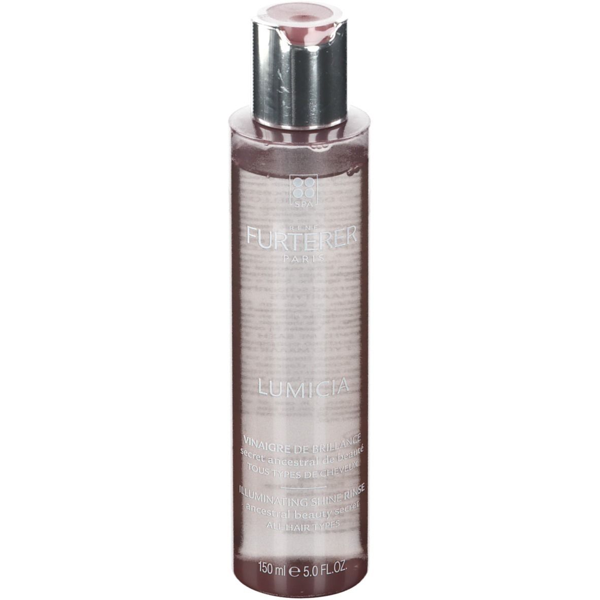 Transparante fles met zilveren dop. Opschrift: FURTERER, LUMICIA. Inhoud: 150 ml.