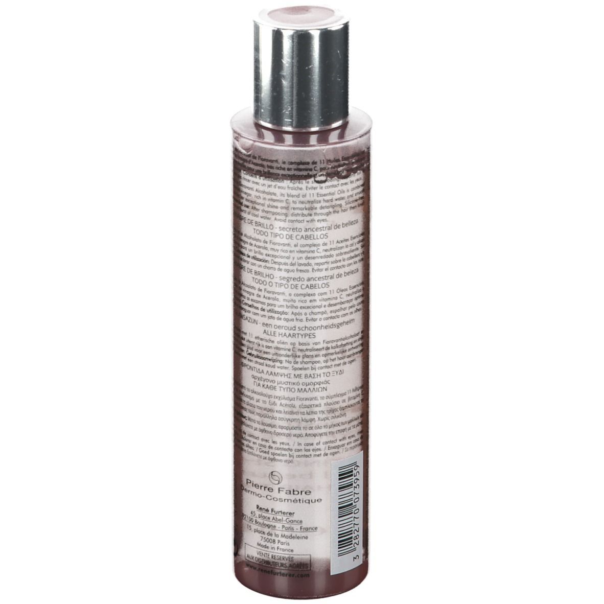 Transparante fles met zilveren dop. Achterkant met tekst. Inhoud: 150 ml.