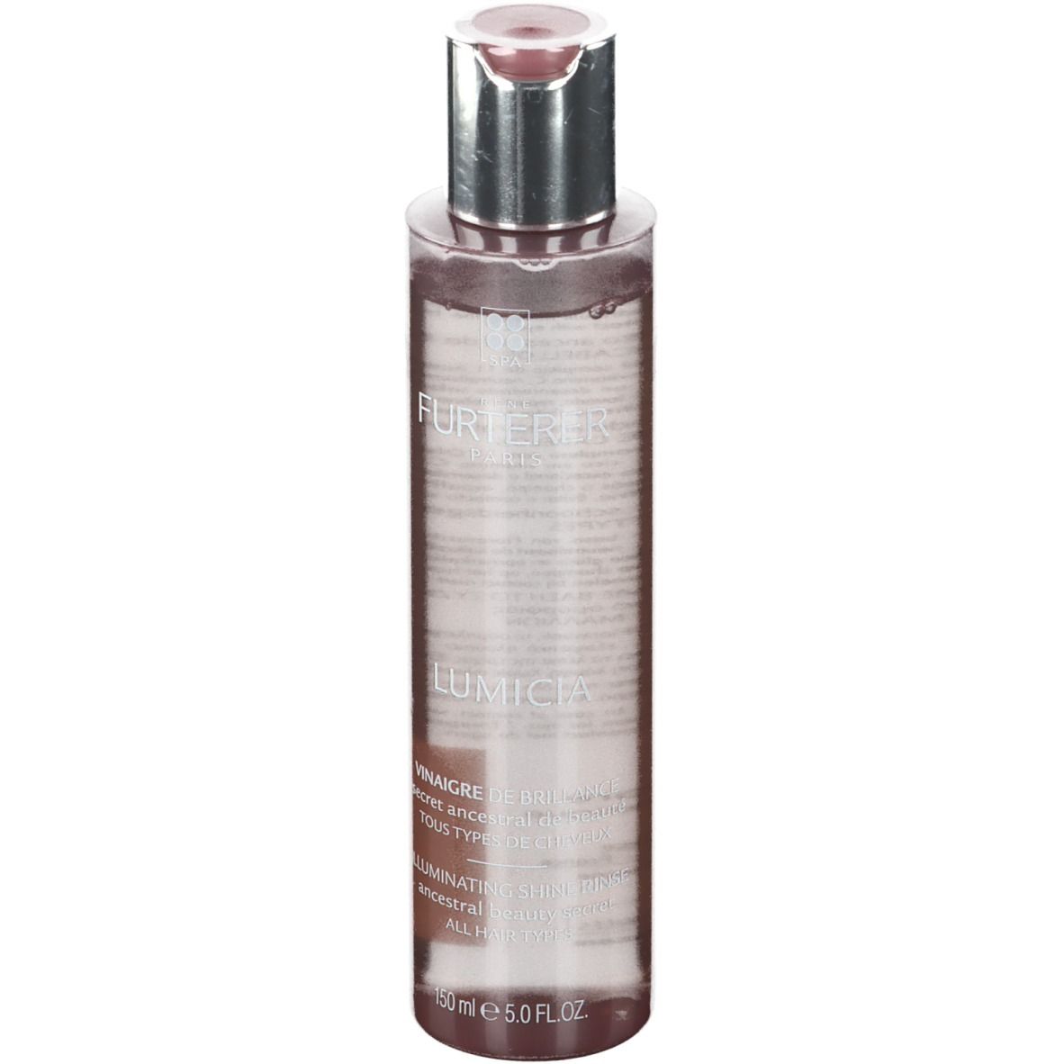Transparante fles met zilveren dop. Opschrift: FURTERER, LUMICIA. Inhoud: 150 ml.