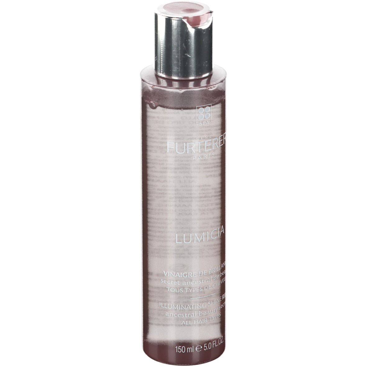 Transparante fles met zilveren dop. Opschrift: FURTERER, LUMICIA. Inhoud: 150 ml.