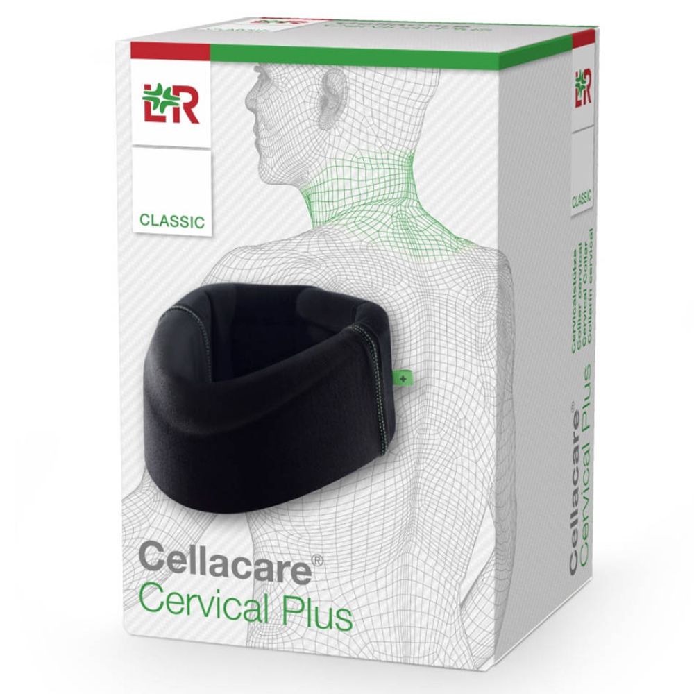 Emballage du produit avec collier cervical. Inscription : Cellacare Cervical Plus.