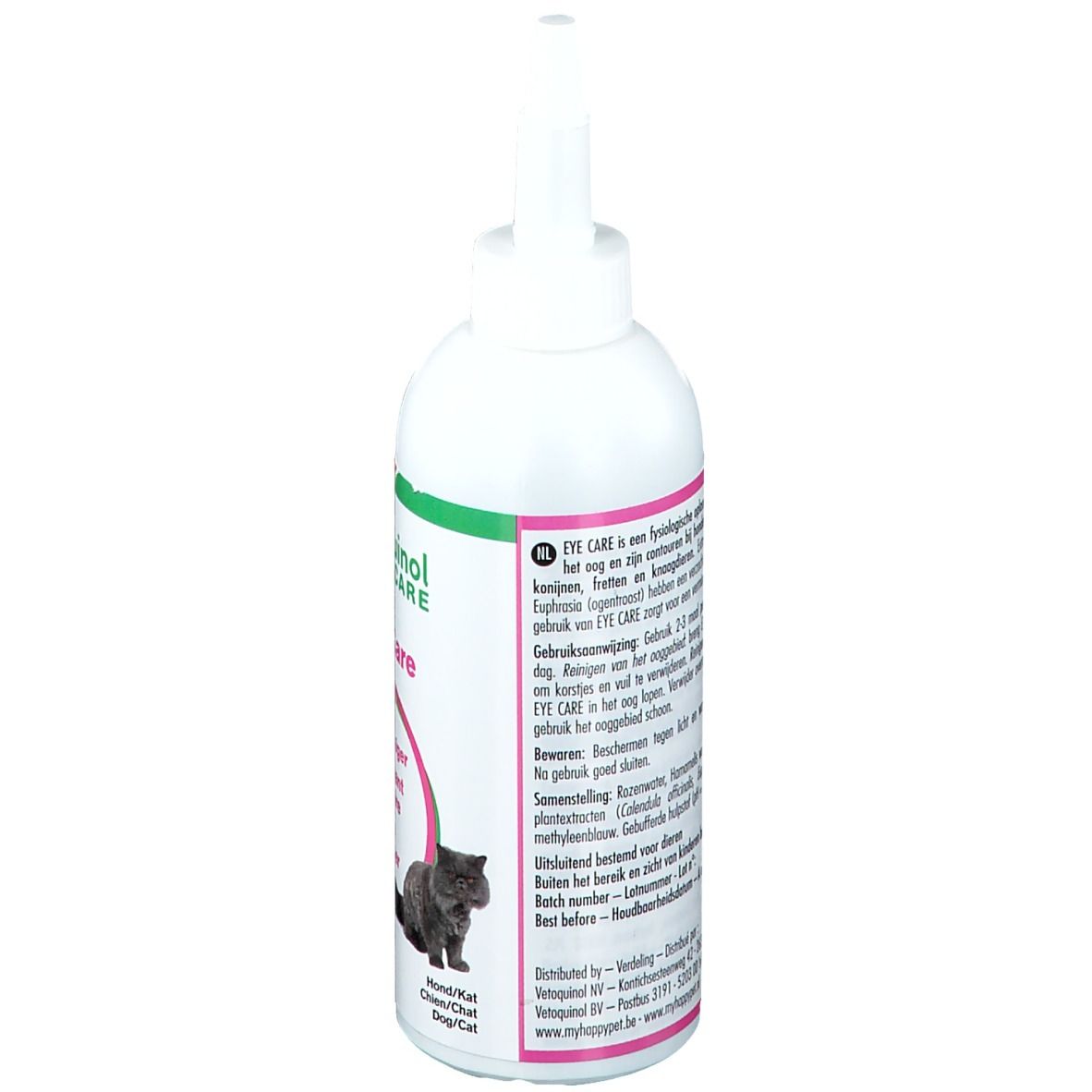 Witte fles met tekst en afbeelding van een kat. Tekst: Eye Care. Gebruiksaanwijzing in meerdere talen.