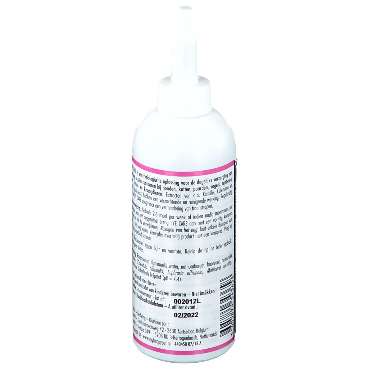 Witte fles met tekst. Tekst: Eye Care. Houdbaarheidsdatum: 02/2022. Chargenummer: 002012L.