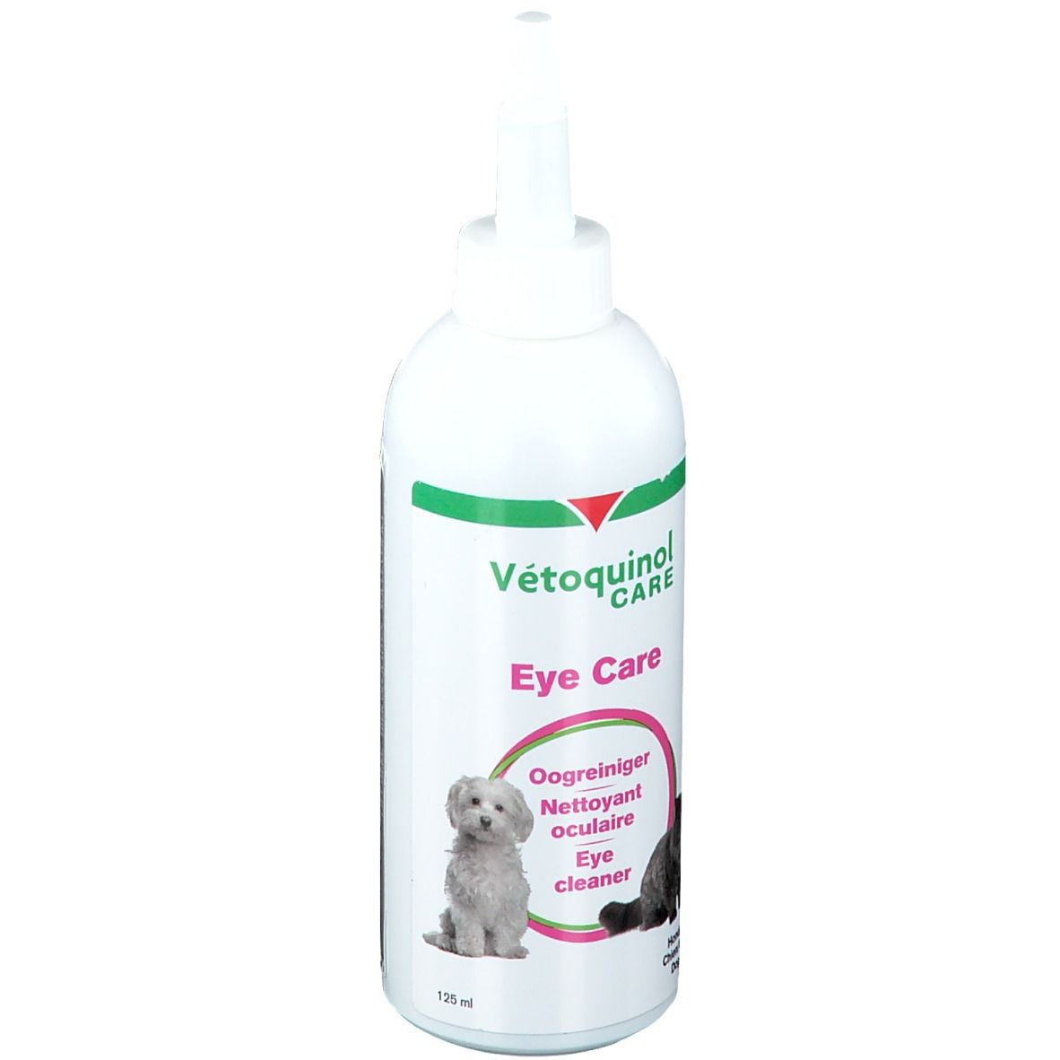 Witte fles met groen en rood design. Opschrift: Vétoquinol Eye Care. Afbeelding van een hond en een kat.