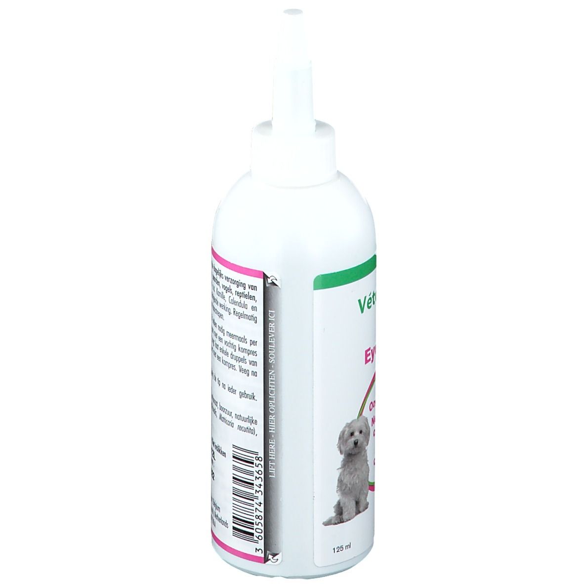 Witte fles met tekst en afbeelding van een hond. Tekst: Vétoquinol Eye Care. Volume: 125 ml.
