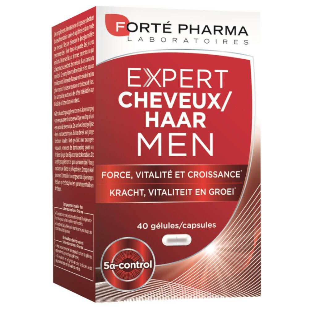 Boîte de compléments alimentaires. Expert Cheveux/Haar Men. 40 gélules. Rouge et blanc. Marque: Forté Pharma. Texte en français et néerlandais.