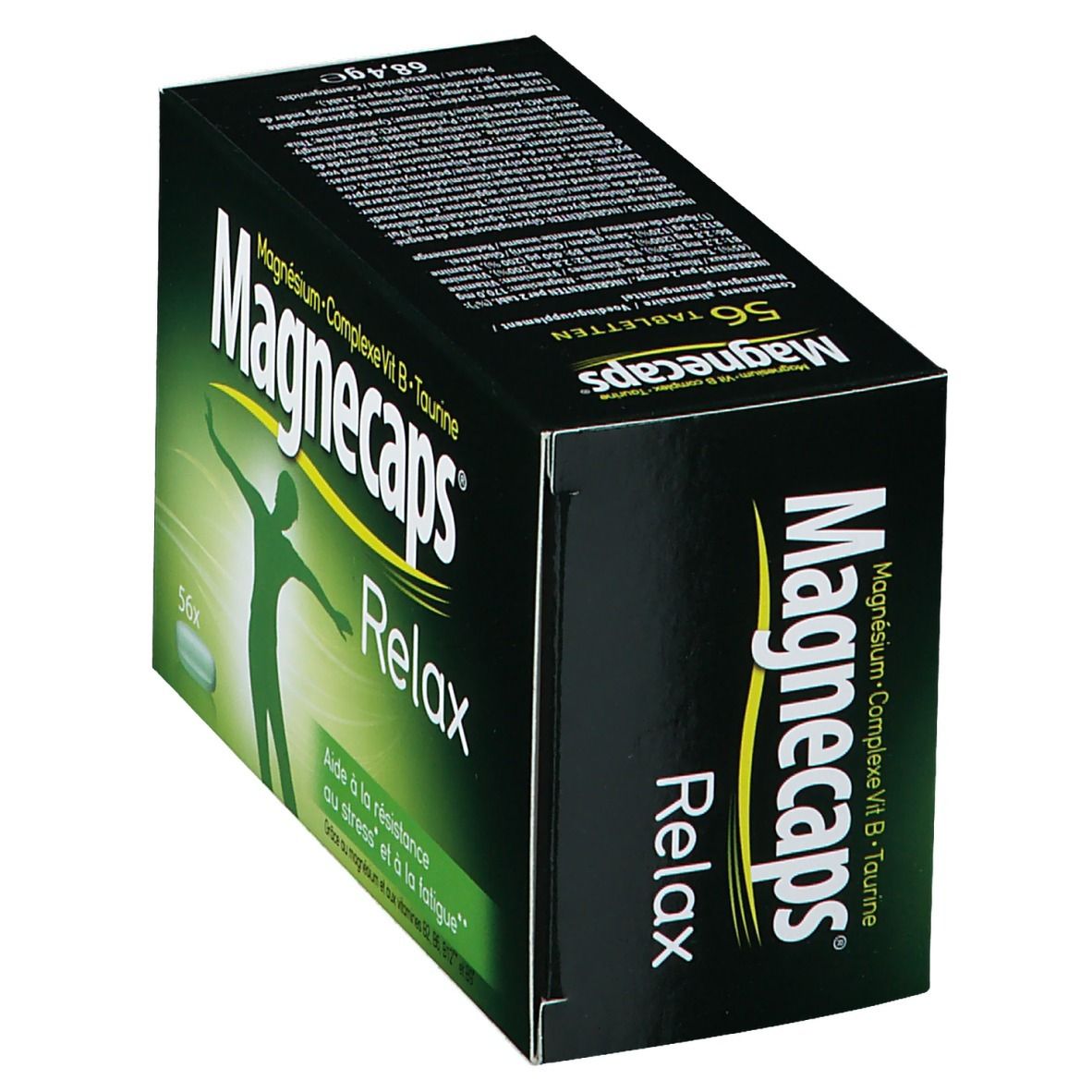 Boîte Magnecaps Relax en biais. Emballage vert et blanc avec nom du produit et silhouette. 56 comprimés.