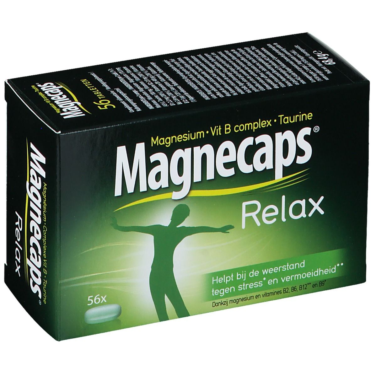 Boîte Magnecaps Relax. Emballage vert et blanc avec nom du produit et silhouette. Contient 56 comprimés.