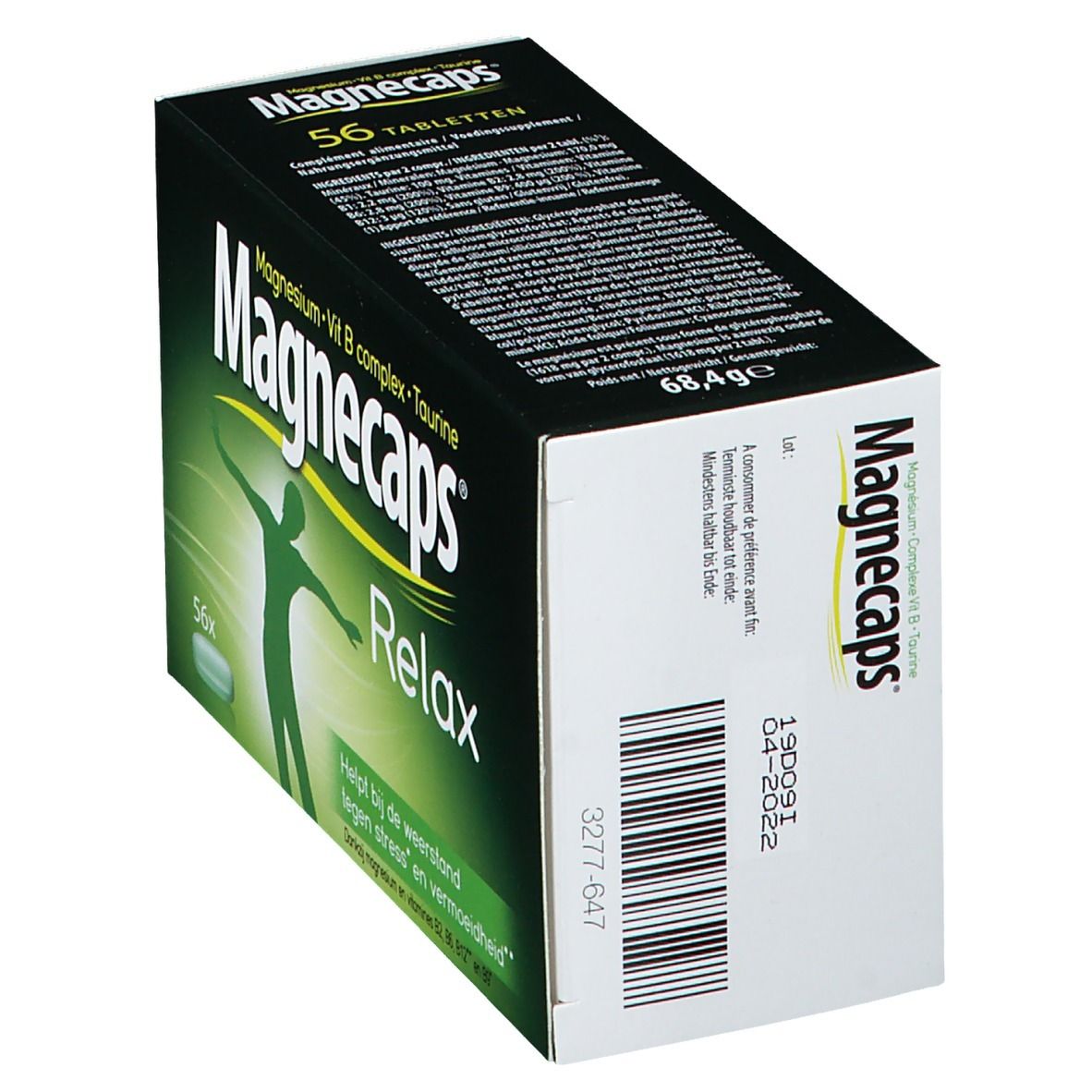 Boîte Magnecaps Relax en biais. Emballage vert et blanc avec nom du produit et silhouette. 56 comprimés.