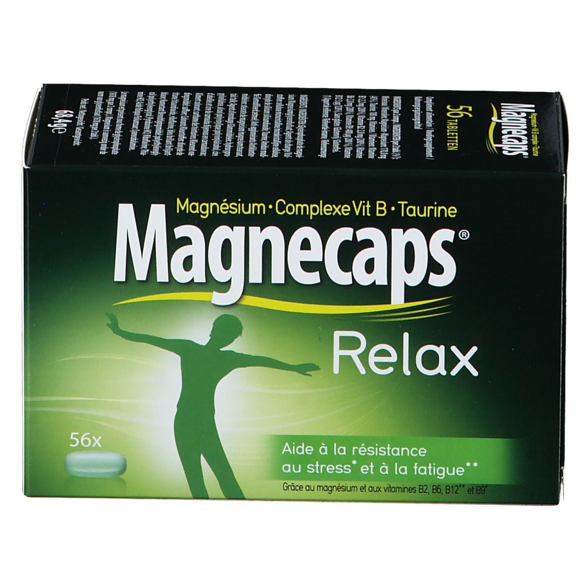 Boîte Magnecaps Relax. Emballage vert et blanc avec nom du produit et silhouette. Contient 56 comprimés.