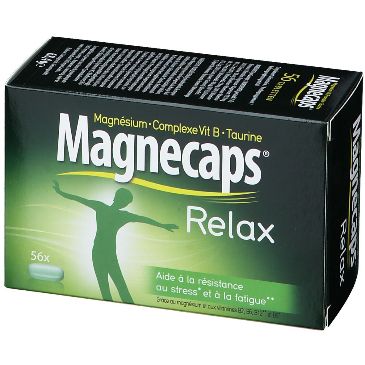Boîte Magnecaps Relax. Emballage vert et blanc avec nom du produit et silhouette. Contient 56 comprimés.