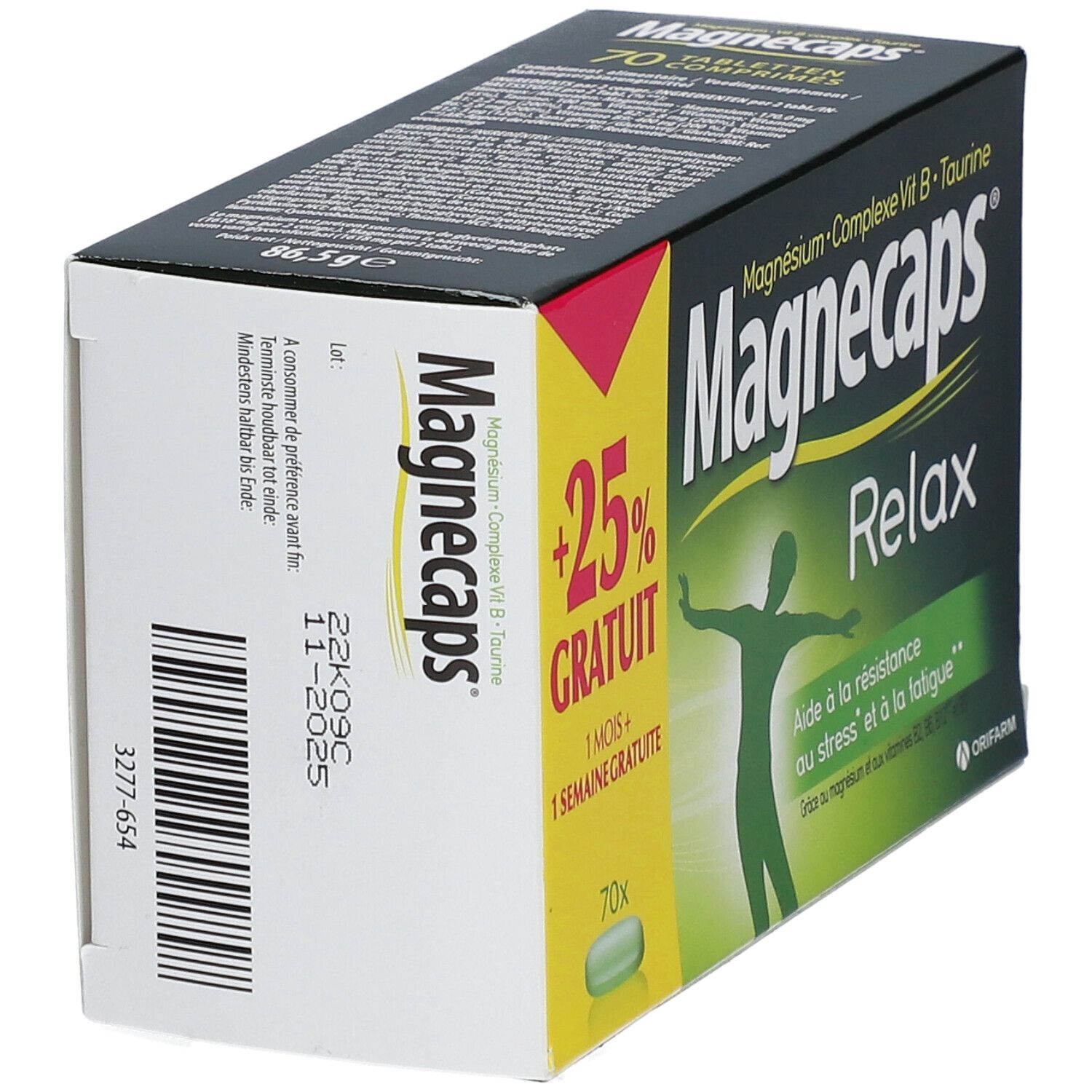 Schachtel Magnecaps Relax, Seitenansicht. Aufschrift: Magnecaps, +25% GRATIS, 70x. Enthält Magnesium, Vitamin B, Taurin. Barcode.