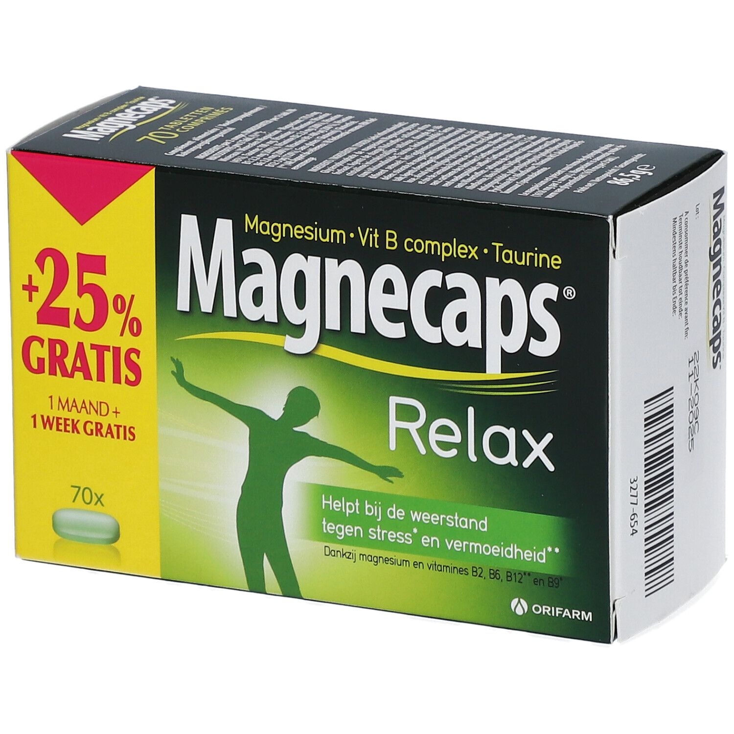 Schachtel Magnecaps Relax. Aufschrift: +25% GRATIS, 70x. Enthält Magnesium, Vitamin B, Taurin. Grün-schwarzes Design mit Person.