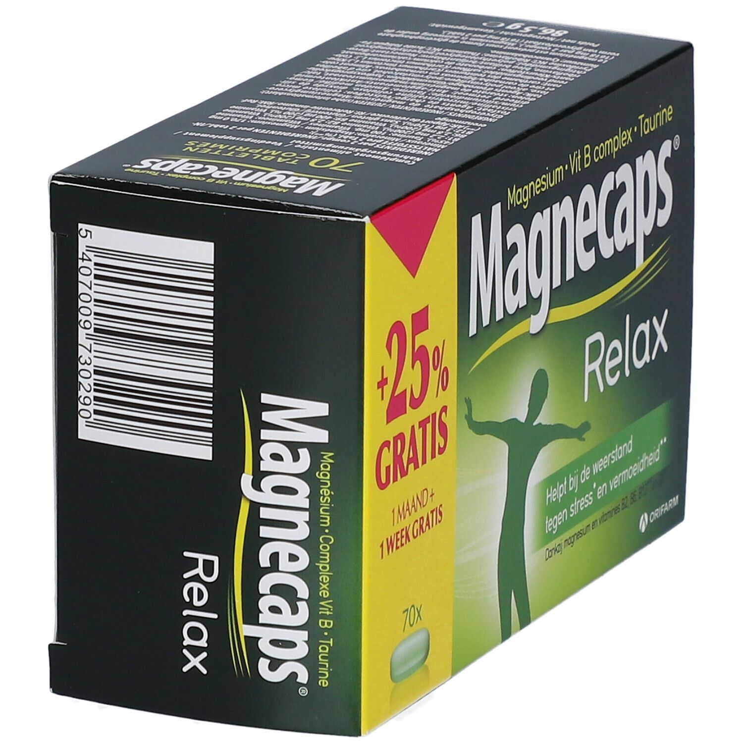 Schachtel Magnecaps Relax, Seitenansicht. Aufschrift: Magnecaps, +25% GRATIS, 70x. Enthält Magnesium, Vitamin B, Taurin. Barcode.