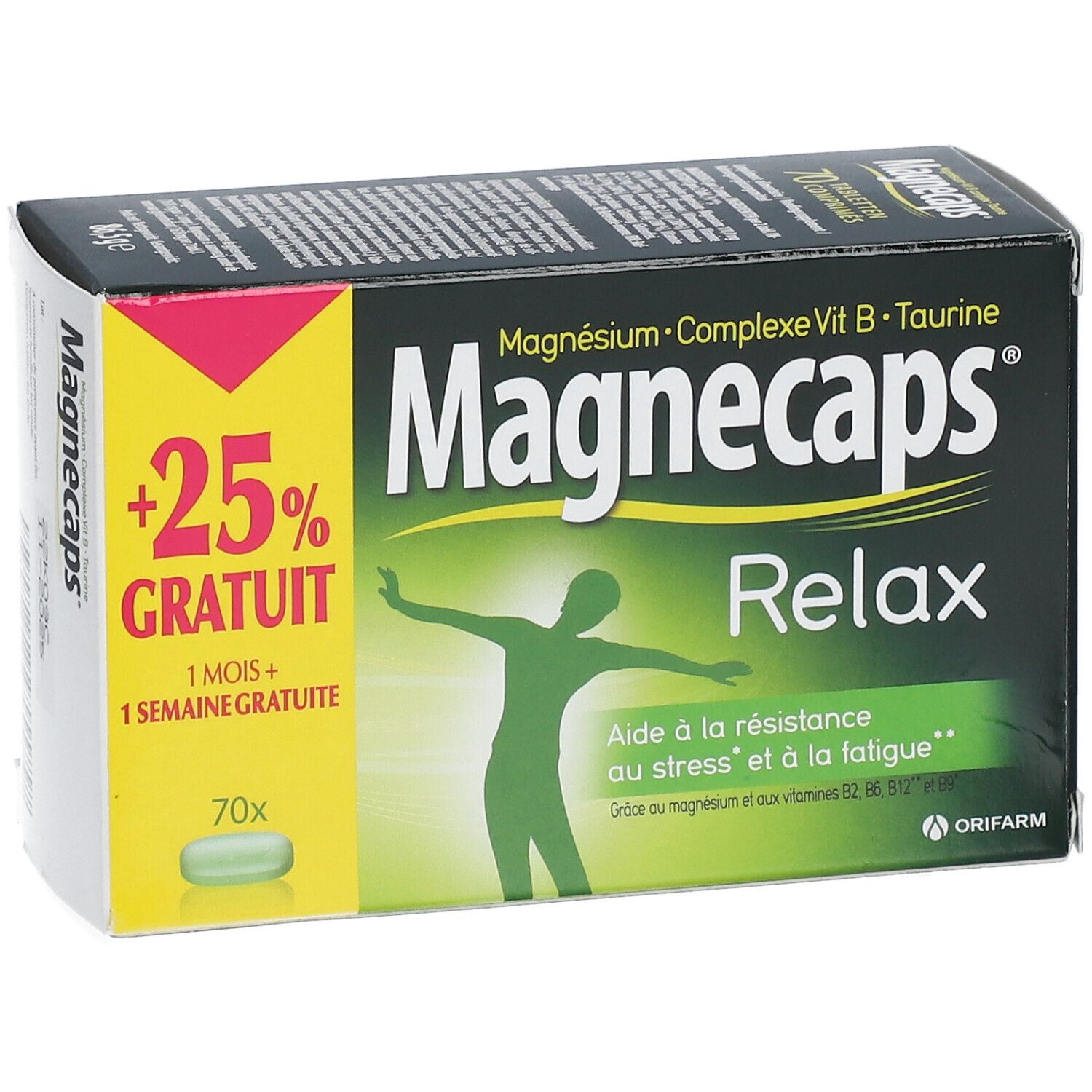 Schachtel Magnecaps Relax. Aufschrift: +25% GRATIS, 70x. Enthält Magnesium, Vitamin B, Taurin. Grün-schwarzes Design mit Person.