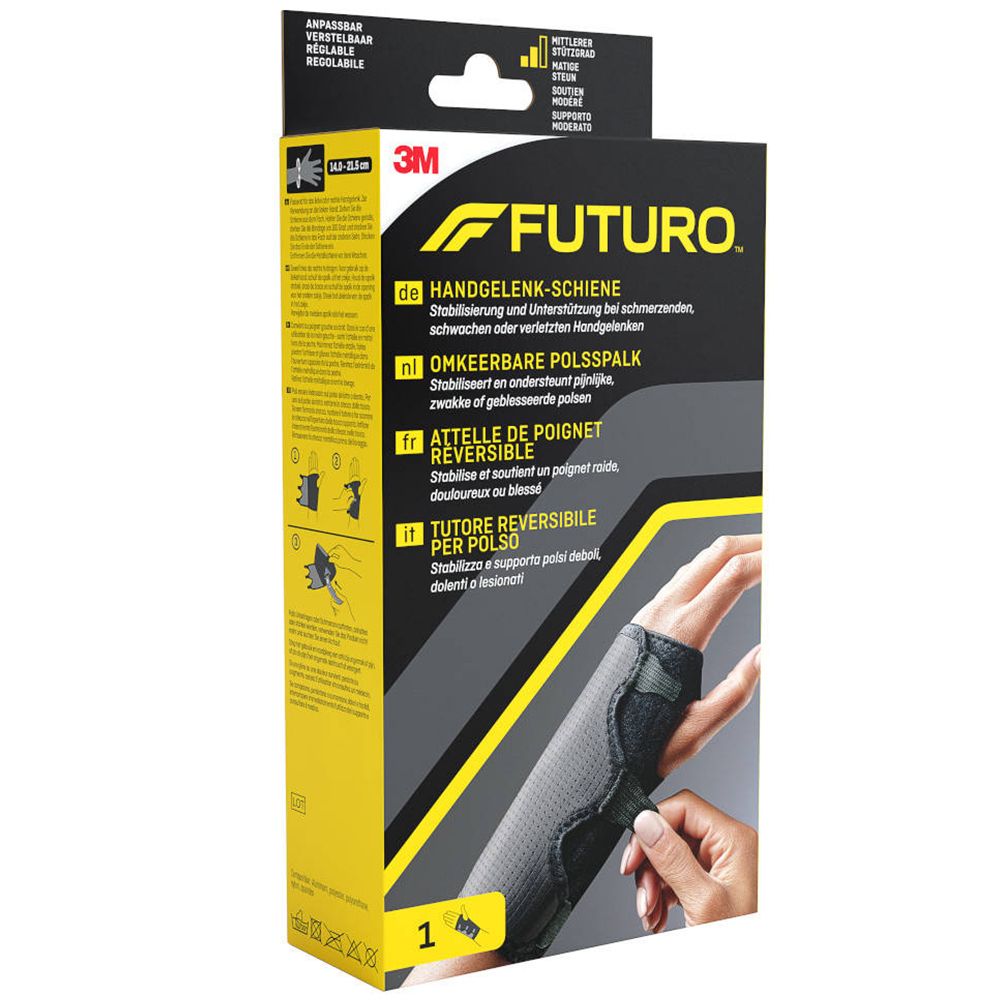 Handgelenk-Schiene in Verpackung. Schwarz-grau, mit Klettverschluss. Marke: FUTURO, 3M. Verpackung mit Produktabbildung.