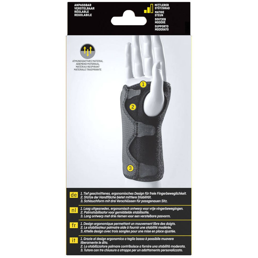 Rückseite der Handgelenk-Schiene. Ergonomisches Design, Klettverschlüsse. Produktabbildung mit Markierungen. Marke: FUTURO, 3M.