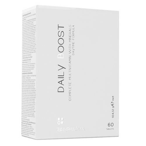 Boîte blanche "DAILY BOOST". Contient 60 comprimés. Marque : Rainpharma. Complément multivitamines.