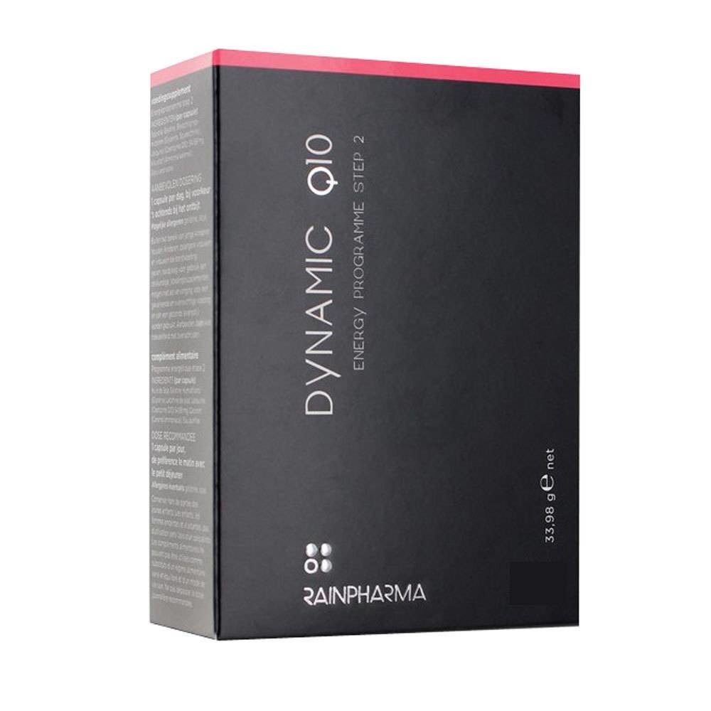 Boîte de produit noire avec accent rouge. Inscription: DYNAMIC Q10, ENERGY PROGRAMME STEP 2. Marque: Rainpharma. Poids: 33,98 g.