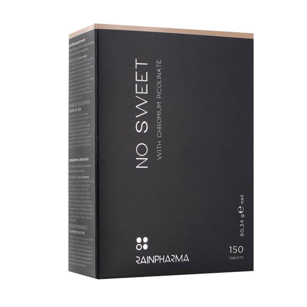 Boîte noire "NO SWEET" avec 150 comprimés. Contient du picolinate de chrome. Marque: Rainpharma. Poids net: 60,34 g.