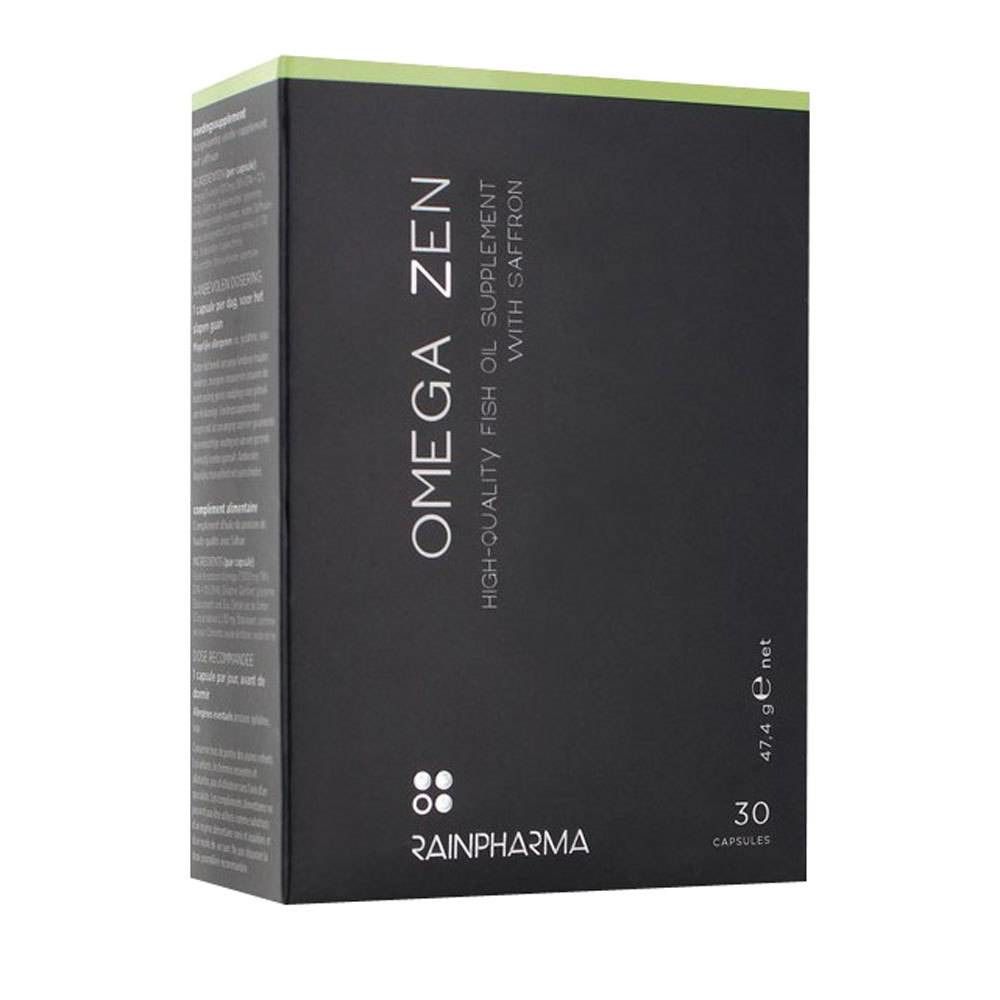 Boîte noire "OMEGA ZEN". Complément alimentaire à l'huile de poisson et safran. Marque Rainpharma. 30 capsules, 47,4 g net.