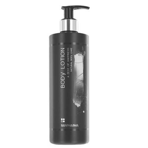 Flacon de lotion pour le corps noir avec pompe. Inscription : Body Lotion, Rainpharma. Soin corporel naturel.
