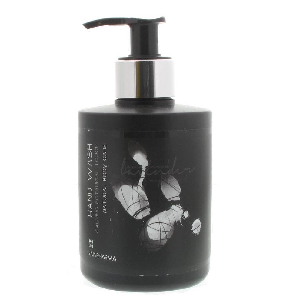 Flacon de lavage des mains noir avec pompe. Inscription : Hand Wash, Calm Botanical Touch, Natural Body Care. Marque : Rainpharma.