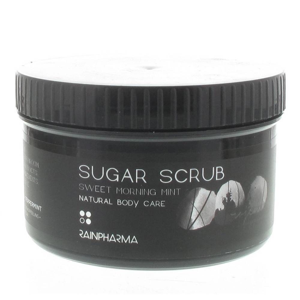Pot noir avec couvercle blanc. Inscription : Sugar Scrub, Sweet Morning Mint, Natural Body Care. Marque : RAINPHARMA.